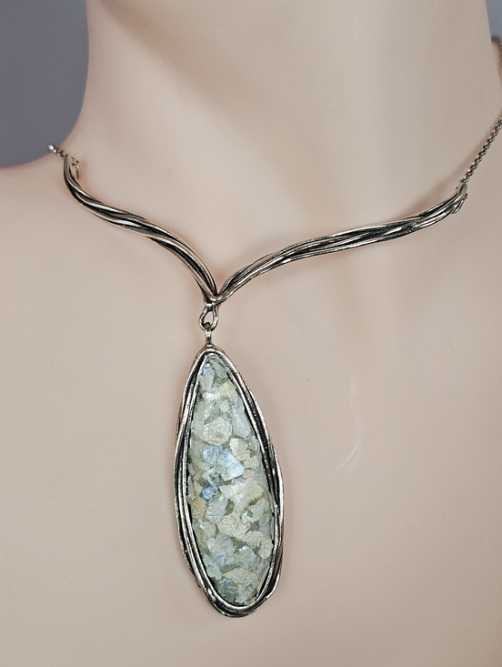 Roman Glass Gallery Israel Jewelry - Authentic Roman Glass Necklace In Sterling Silver 20"